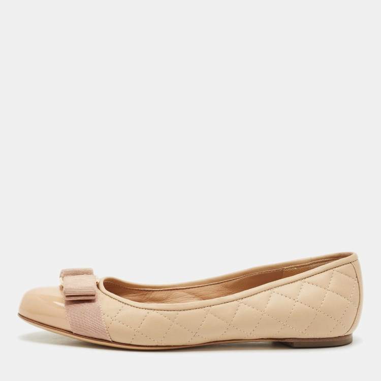 Pre Owned Salvatore Ferragamo Beige Quilted Patent and  Leather Varina Ballet Flats Size 37.5
