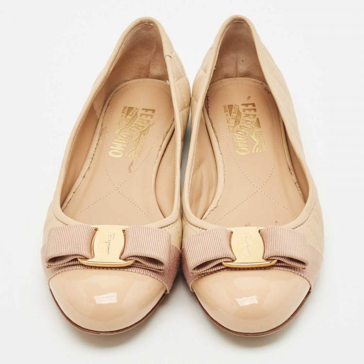 Pre Owned Salvatore Ferragamo Beige Quilted Patent and  Leather Varina Ballet Flats Size 37.5