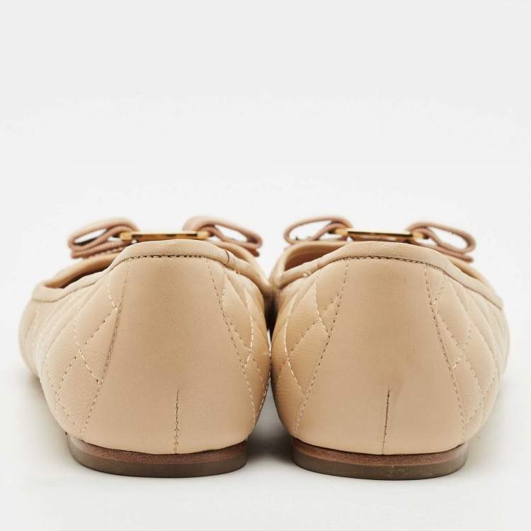 Pre Owned Salvatore Ferragamo Beige Quilted Patent and  Leather Varina Ballet Flats Size 37.5