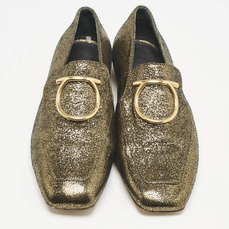 Pre Owned Salvatore Ferragamo Gold Foil Leather Lana Loafers Size 35