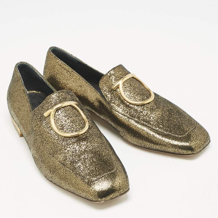 Pre Owned Salvatore Ferragamo Gold Foil Leather Lana Loafers Size 35