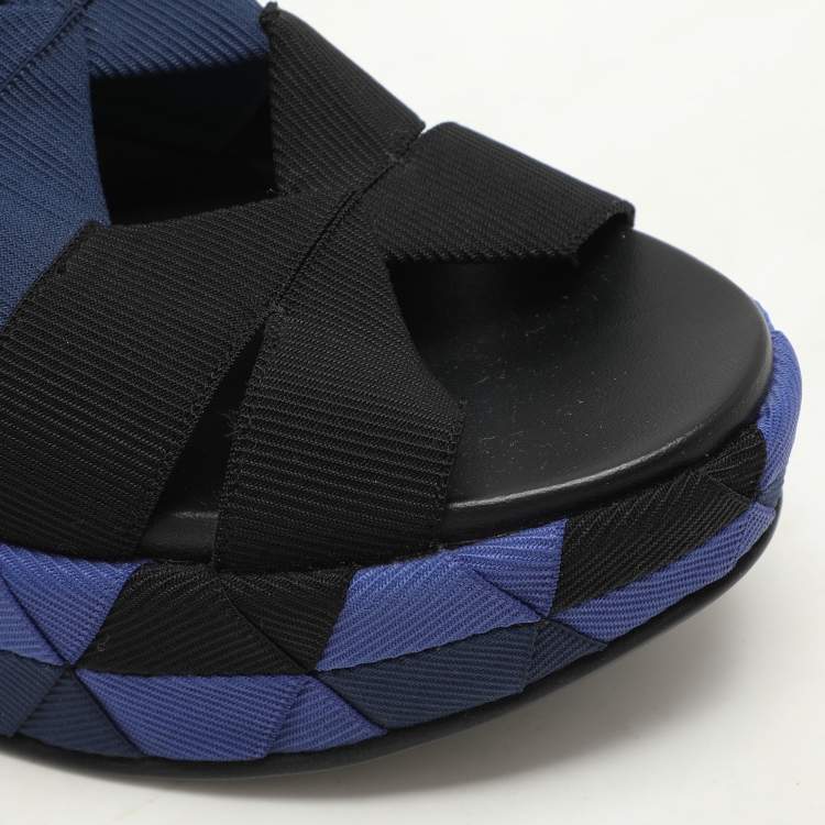 Pre Owned Salvatore Ferragamo Blue/Black Colorblock Stretch Fabric Wedge Platform Sandals Size 39