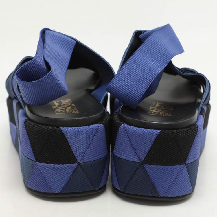 Pre Owned Salvatore Ferragamo Blue/Black Colorblock Stretch Fabric Wedge Platform Sandals Size 39