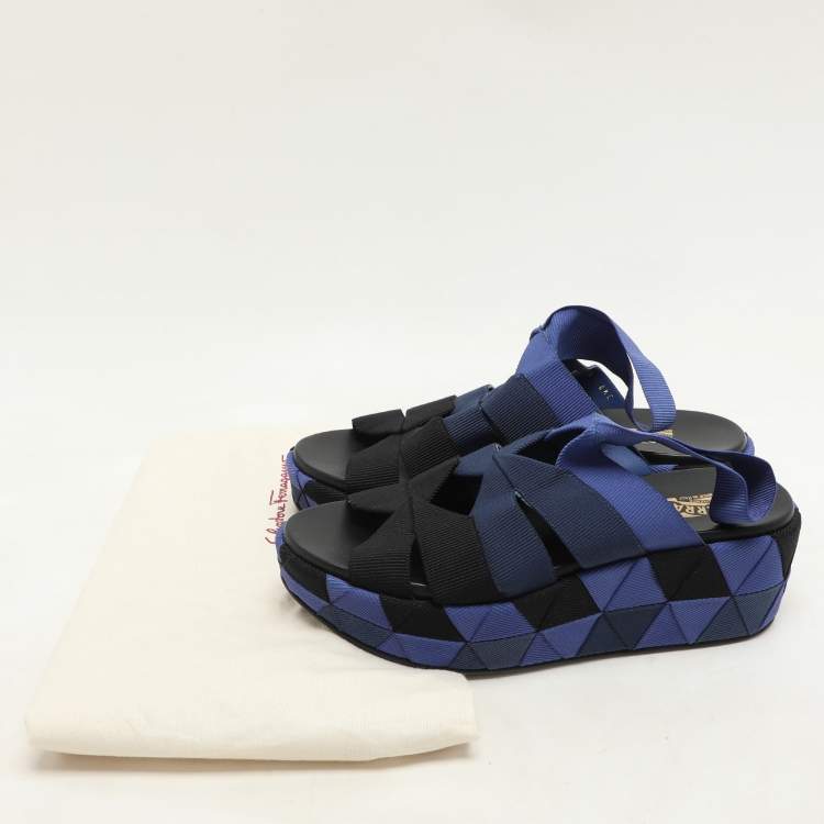 Pre Owned Salvatore Ferragamo Blue/Black Colorblock Stretch Fabric Wedge Platform Sandals Size 39