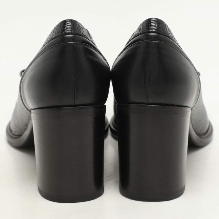 Pre Owned Salvatore Ferragamo Black Lizard Embossed Leather Vara Bow Block Heels Pumps Size 39