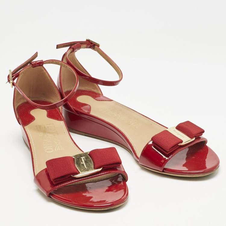 Pre Owned Salvatore Ferragamo Red Patent Leather Vara Bow Ankle Strap Sandals Size 36