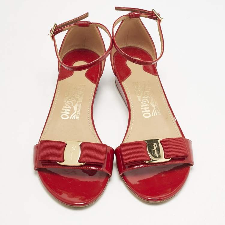 Pre Owned Salvatore Ferragamo Red Patent Leather Vara Bow Ankle Strap Sandals Size 36