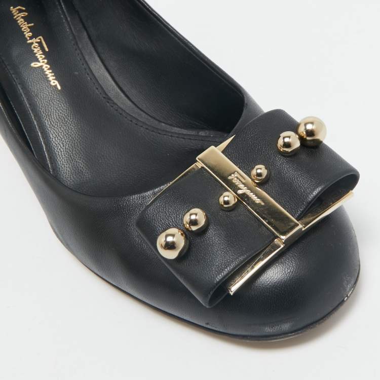 Pre Owned Salvatore Ferragamo Black Leather  Vara Bow Studded Block Heel Pumps Size 40.5