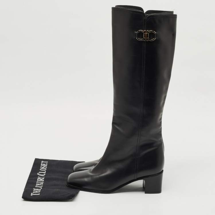 Pre Owned Salvatore Ferragamo Black Leather Gancini Knee Length Boots Size 38