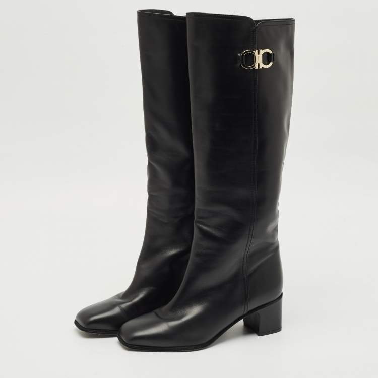 Pre Owned Salvatore Ferragamo Black Leather Gancini Knee Length Boots Size 38