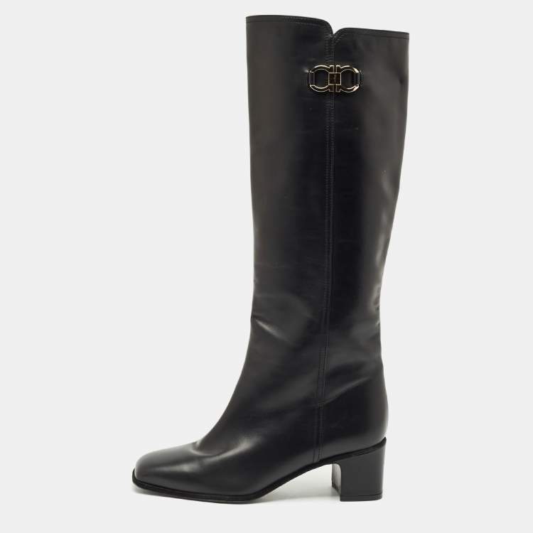 Pre Owned Salvatore Ferragamo Black Leather Gancini Knee Length Boots Size 38