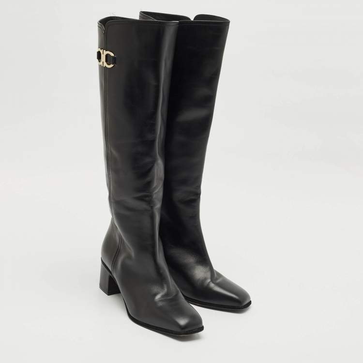 Pre Owned Salvatore Ferragamo Black Leather Gancini Knee Length Boots Size 38