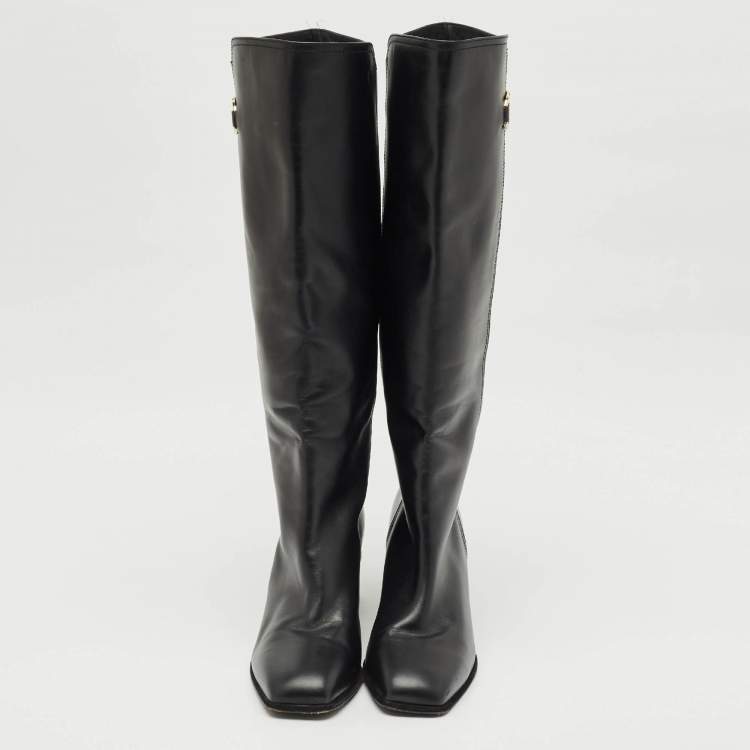Pre Owned Salvatore Ferragamo Black Leather Gancini Knee Length Boots Size 38