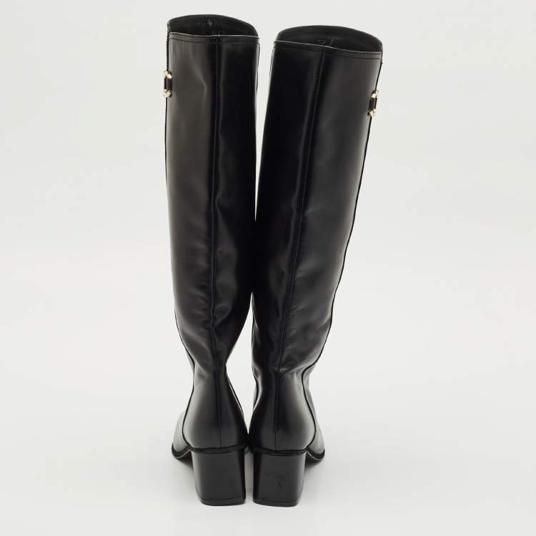 Pre Owned Salvatore Ferragamo Black Leather Gancini Knee Length Boots Size 38