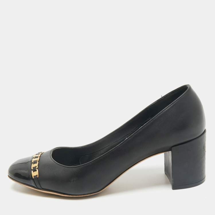 Pre Owned Salvatore Ferragamo Black Patent and Leather Vara Chain Pumps Size 37