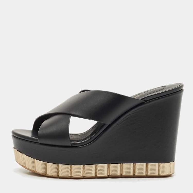 Pre Owned Salvatore Ferragamo Black Leather Nicosia Wedge Sandals Size 37