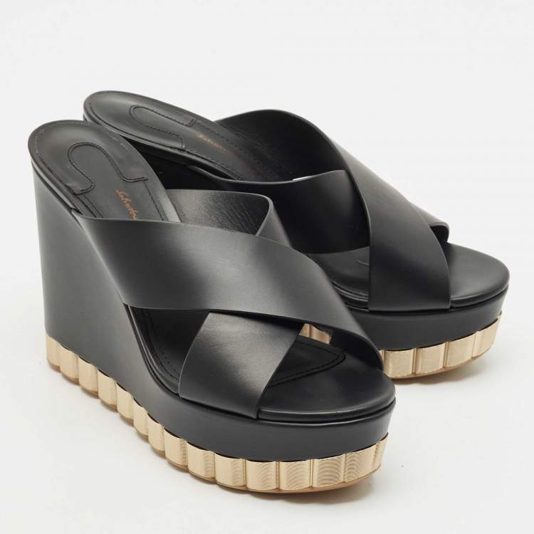 Pre Owned Salvatore Ferragamo Black Leather Nicosia Wedge Sandals Size 37