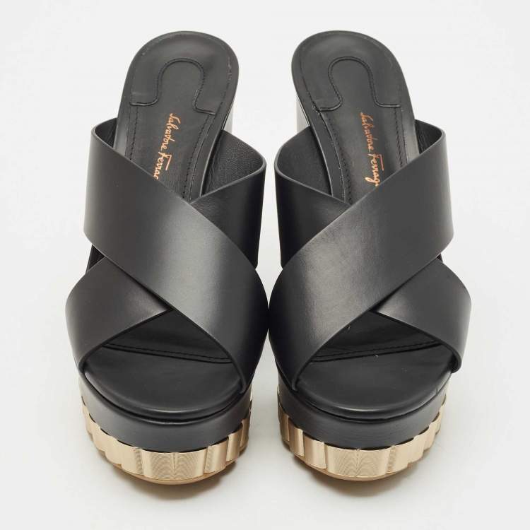 Pre Owned Salvatore Ferragamo Black Leather Nicosia Wedge Sandals Size 37