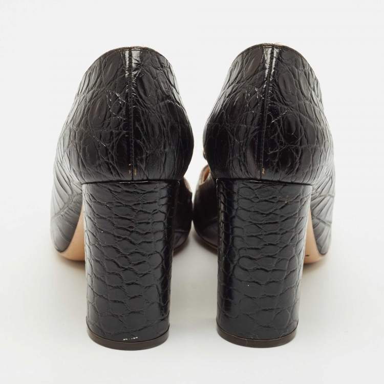 Pre Owned Salvatore Ferragamo Brown Alligator Leather Vara Bow Block Heel Pumps Size 39.5