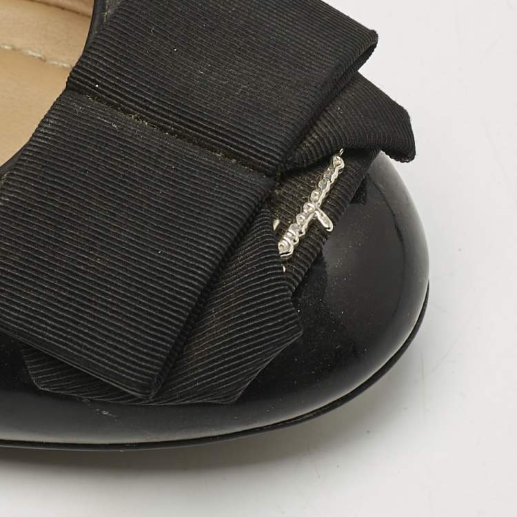 Pre Owned Salvatore Ferragamo Black Patent Leather Bow Ballet Flats Size 35.5