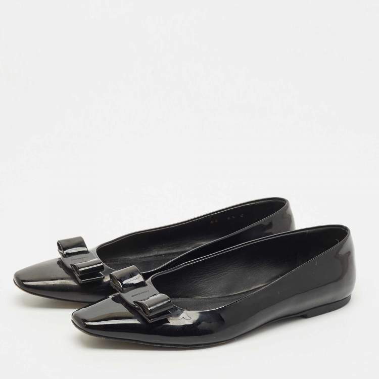Pre Owned Salvatore Ferragamo Black Patent Leather Vara Bow Ballet Flats Size 37