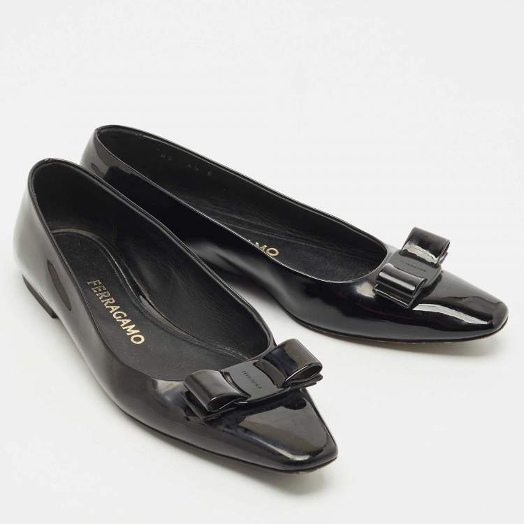 Pre Owned Salvatore Ferragamo Black Patent Leather Vara Bow Ballet Flats Size 37