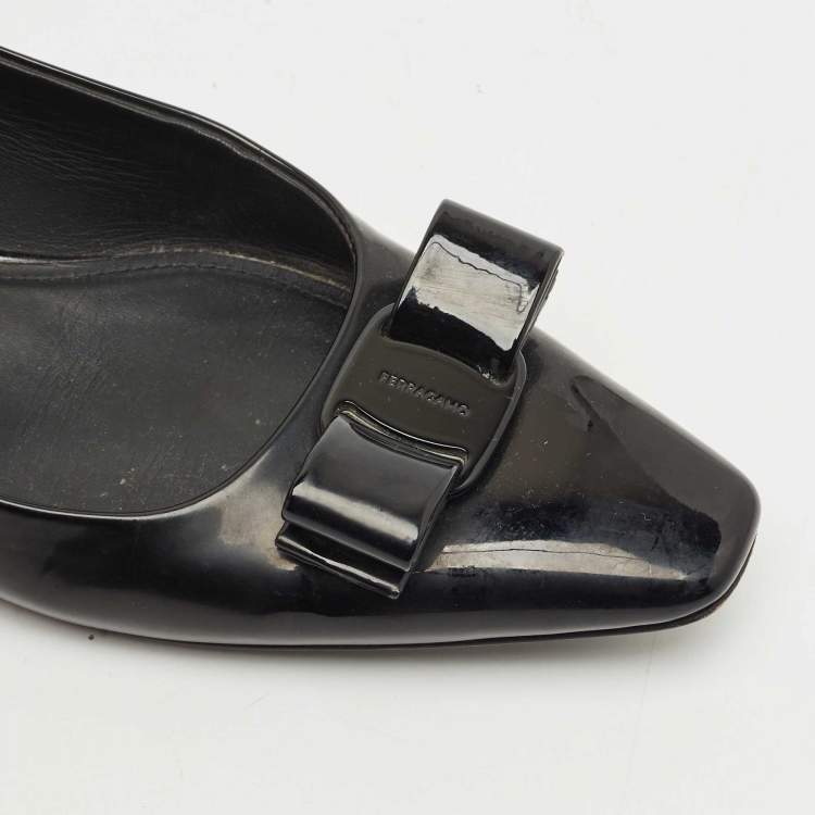 Pre Owned Salvatore Ferragamo Black Patent Leather Vara Bow Ballet Flats Size 37