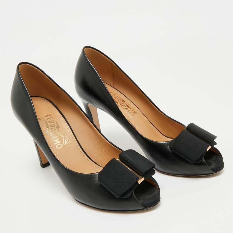 Pre Owned Salvatore Ferragamo Black Leather Pimpa Peep Toe Pumps Size 38.5