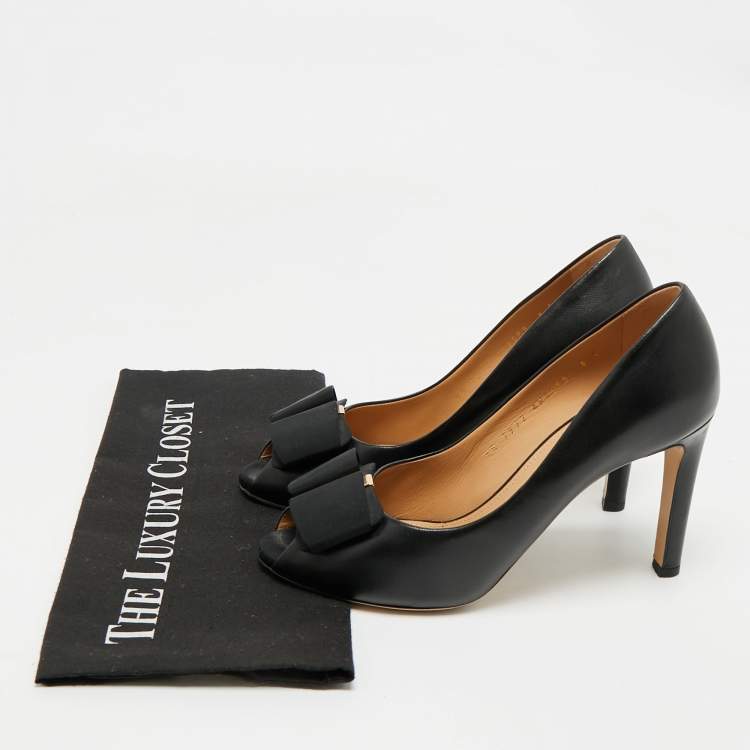 Pre Owned Salvatore Ferragamo Black Leather Pimpa Peep Toe Pumps Size 38.5