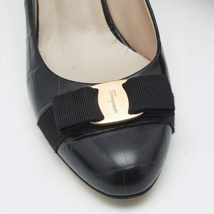 Pre Owned Salvatore Ferragamo Black Croc Embossed Leather Vara Bow Pumps Size 41.5
