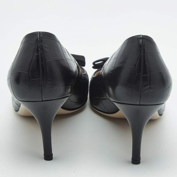 Pre Owned Salvatore Ferragamo Black Croc Embossed Leather Vara Bow Pumps Size 41.5