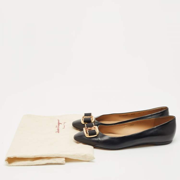 Pre Owned Salvatore Ferragamo Black Leather Vara Bow Ballet Flats Size 40.5
