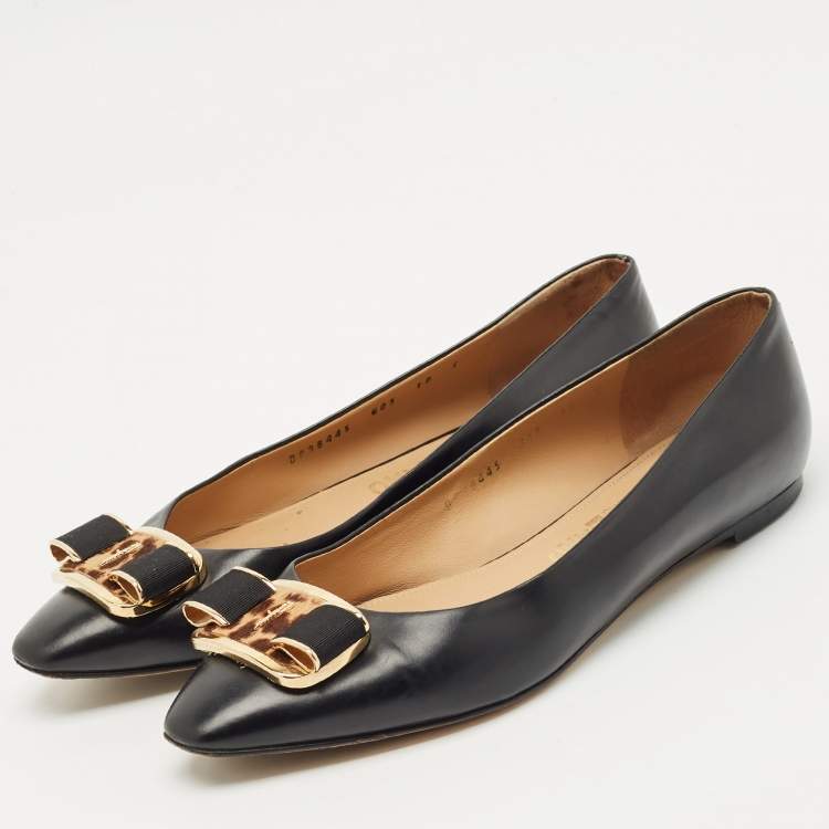 Pre Owned Salvatore Ferragamo Black Leather Vara Bow Ballet Flats Size 40.5