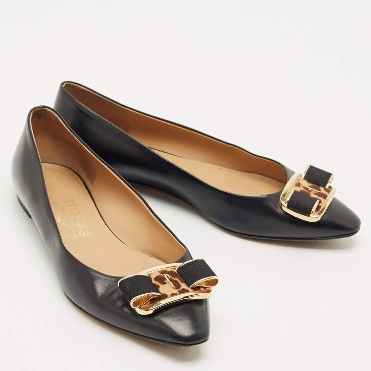 Pre Owned Salvatore Ferragamo Black Leather Vara Bow Ballet Flats Size 40.5