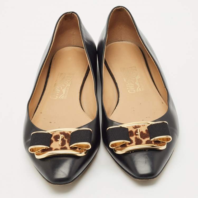 Pre Owned Salvatore Ferragamo Black Leather Vara Bow Ballet Flats Size 40.5