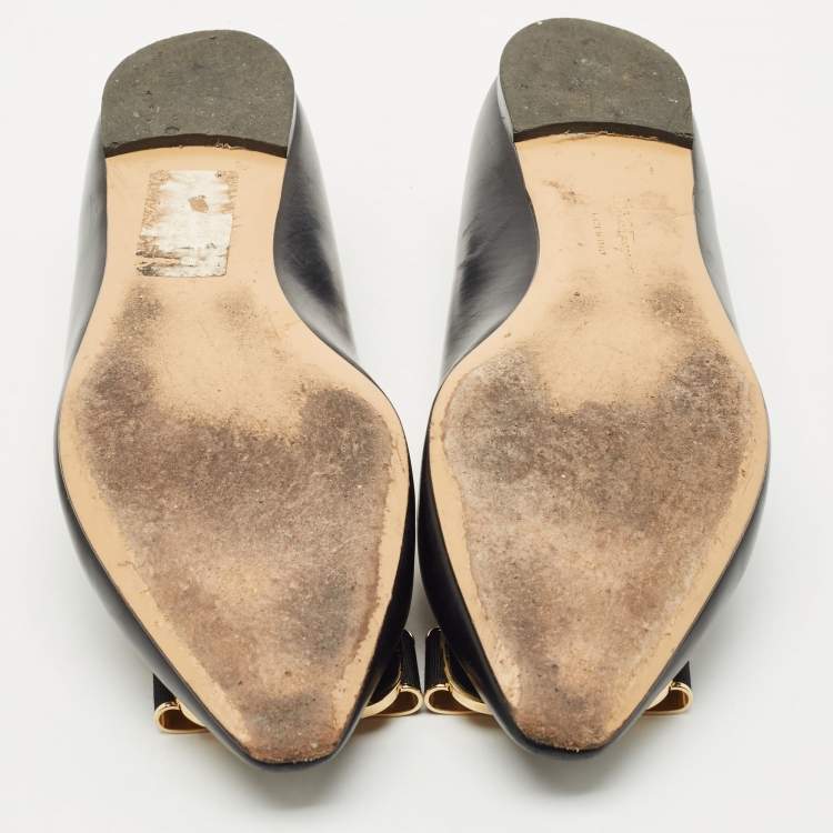 Pre Owned Salvatore Ferragamo Black Leather Vara Bow Ballet Flats Size 40.5