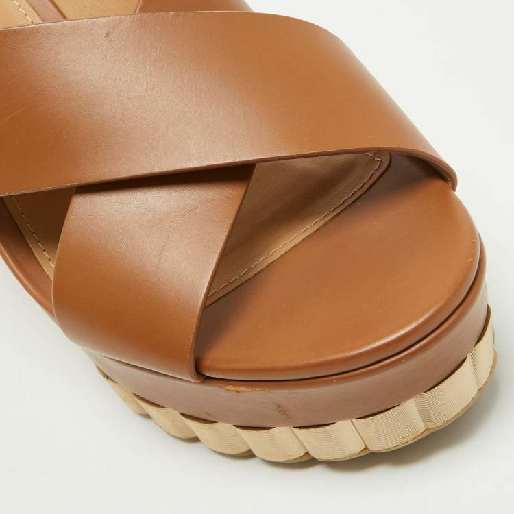 Pre Owned Salvatore Ferragamo Brown Leather Nicosia Wedge Sandals Size 39.5