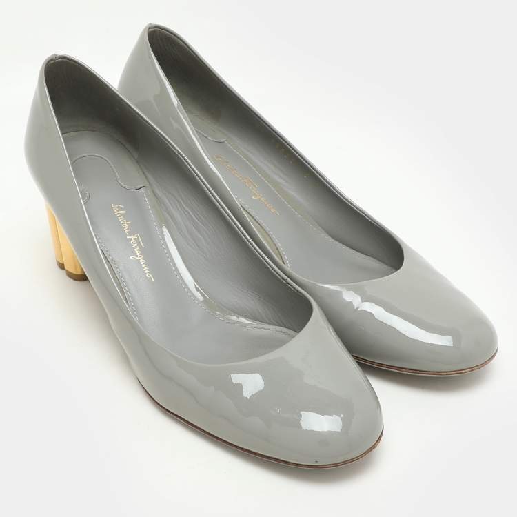 Pre Owned Salvatore Ferragamo Grey Patent Leather Lucca Block Heel Pumps Size 39.5