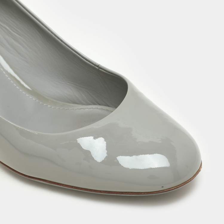 Pre Owned Salvatore Ferragamo Grey Patent Leather Lucca Block Heel Pumps Size 39.5