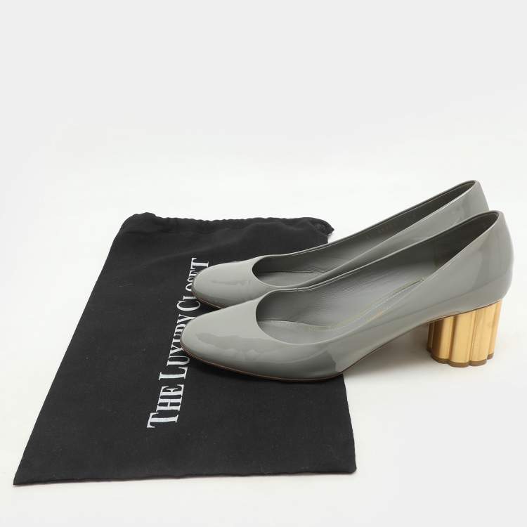 Pre Owned Salvatore Ferragamo Grey Patent Leather Lucca Block Heel Pumps Size 39.5