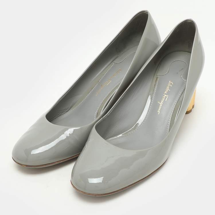Pre Owned Salvatore Ferragamo Grey Patent Leather Lucca Block Heel Pumps Size 39.5