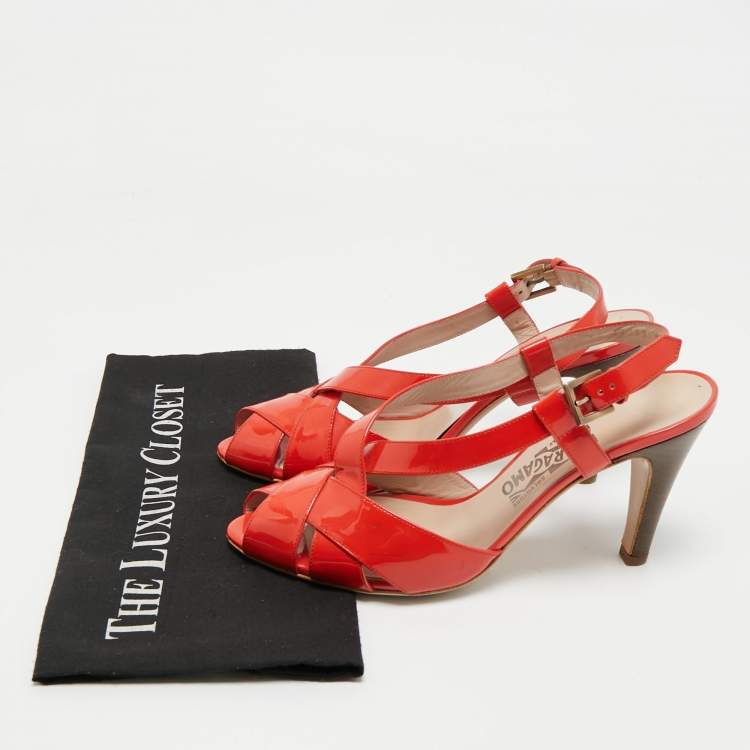 Pre Owned Salvatore Ferragamo Orange Patent Peep Toe Slingback Pumps Size 38.5