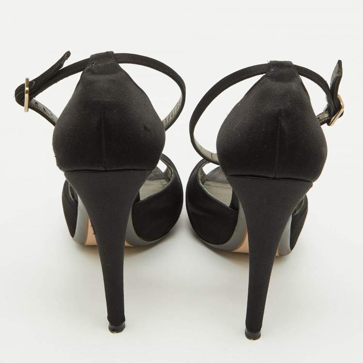 Pre Owned Salvatore Ferragamo Black Satin Ankle Strap Platform Sandals Size 39.5