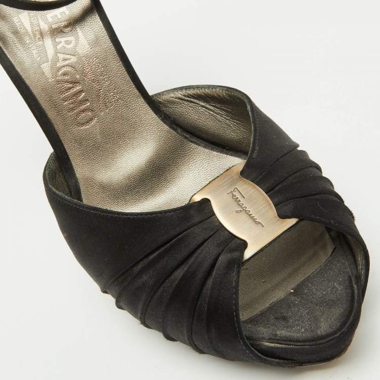 Pre Owned Salvatore Ferragamo Black Satin Ankle Strap Platform Sandals Size 39.5