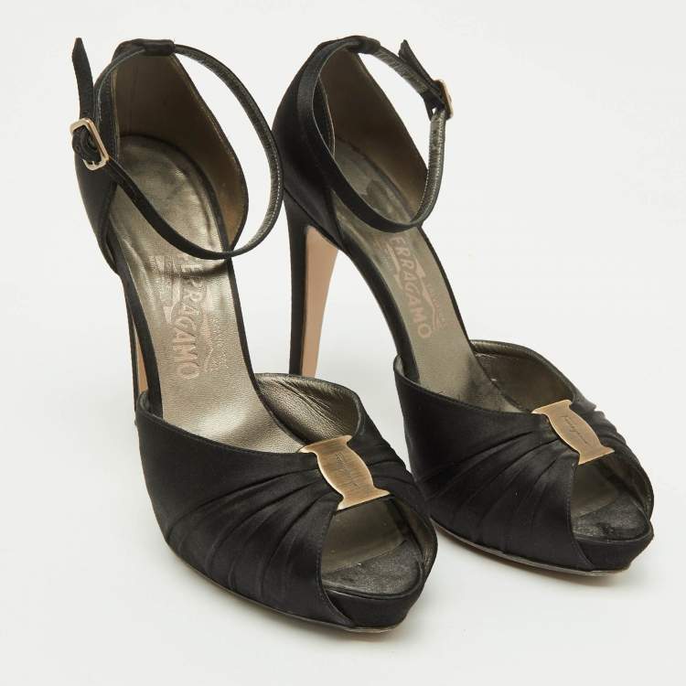 Pre Owned Salvatore Ferragamo Black Satin Ankle Strap Platform Sandals Size 39.5