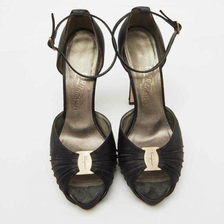 Pre Owned Salvatore Ferragamo Black Satin Ankle Strap Platform Sandals Size 39.5