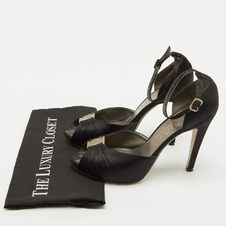 Pre Owned Salvatore Ferragamo Black Satin Ankle Strap Platform Sandals Size 39.5