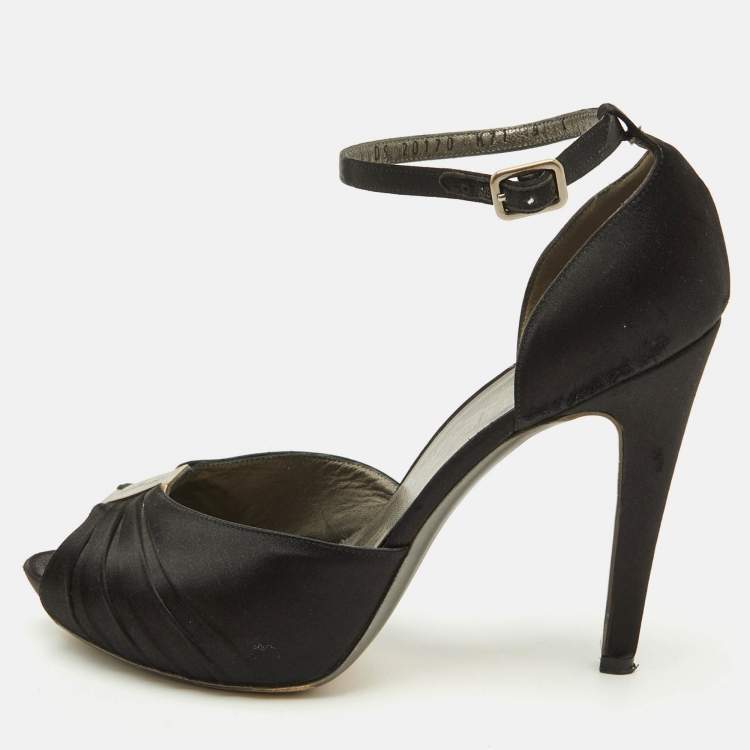Pre Owned Salvatore Ferragamo Black Satin Ankle Strap Platform Sandals Size 39.5