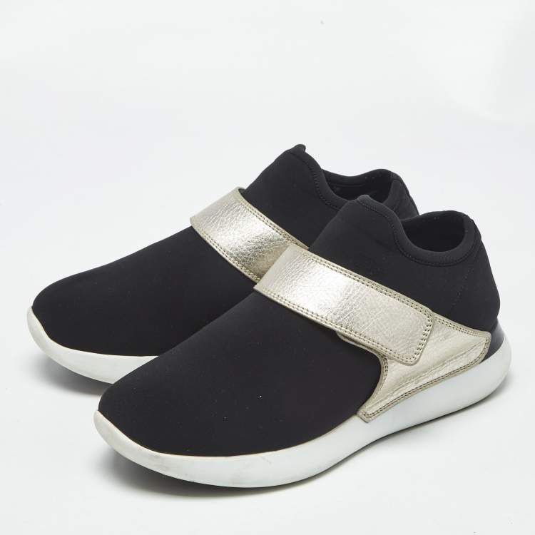 Pre Owned Salvatore Ferragamo Black/Gold Leather and Neoprene Palau Sneakers Size 38.5
