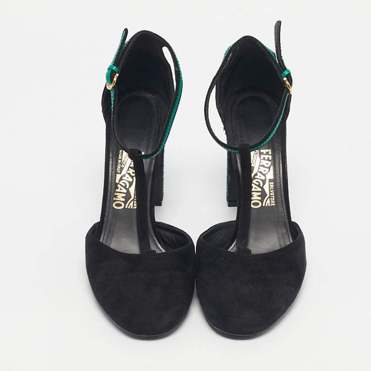 Pre Owned Salvatore Ferragamo Black/Blue Suede And Leather Fergie T-Strap Pumps Size 40.5
